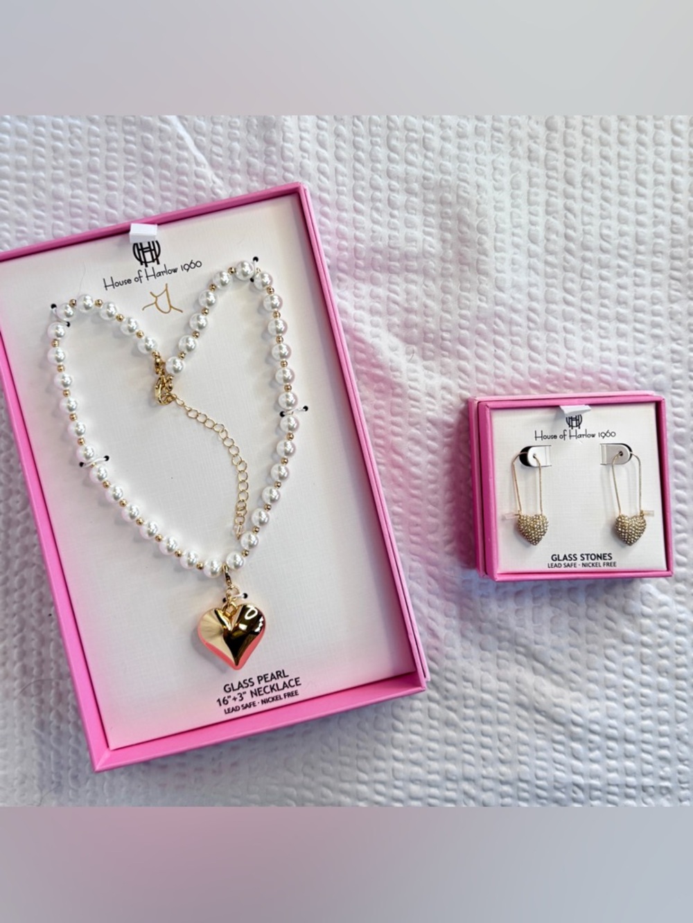 House of Harlow 1960 Pearl Heart Necklace + Earrings Set
